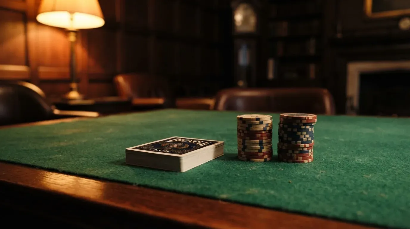 Kortlek och staplar av spelmarker på ett grönt filtbord i en dunkel salong, varmt lampsken — svenska casinon utan konto
