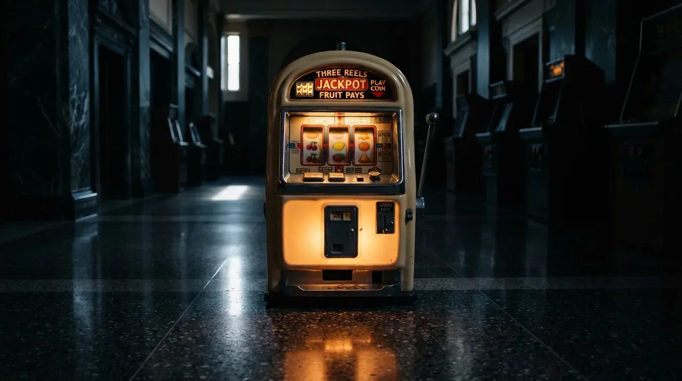 En gammal spelautomat lyser i den dunkla hallen och speglar sig i golvet — svenska casinon utan registrering