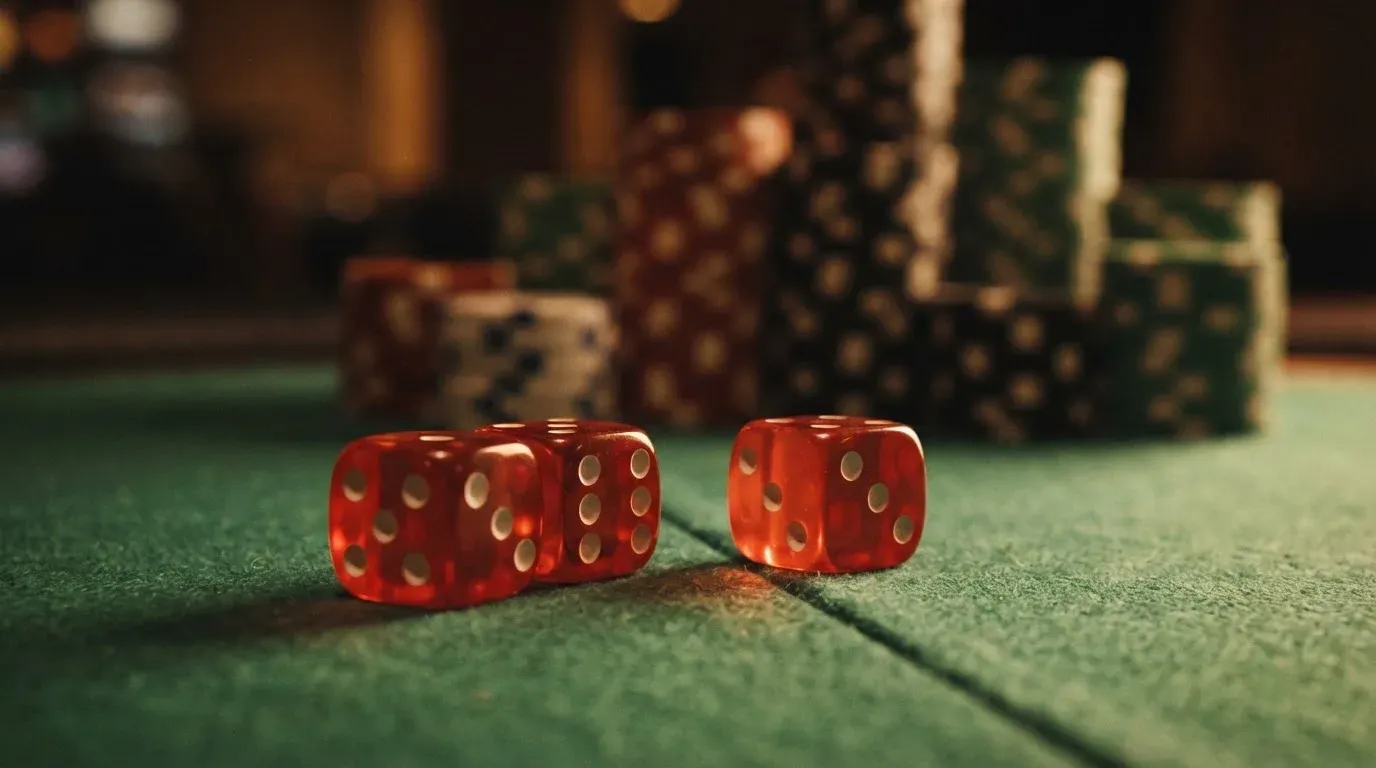 Röda tärningar vilar på grönt filt, bakom dem suddiga torn av spelmarker i kvällsdunklet — svenska casinon utan spelpaus