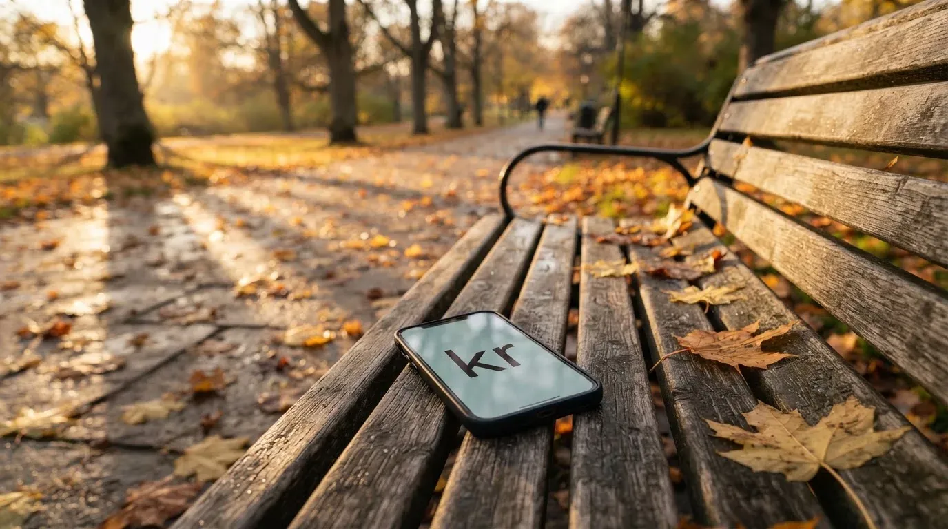 En tom parkbänk en höstmorgon, gula lönnlöv på stigen och låg sol mellan träden — svenska internet casinon