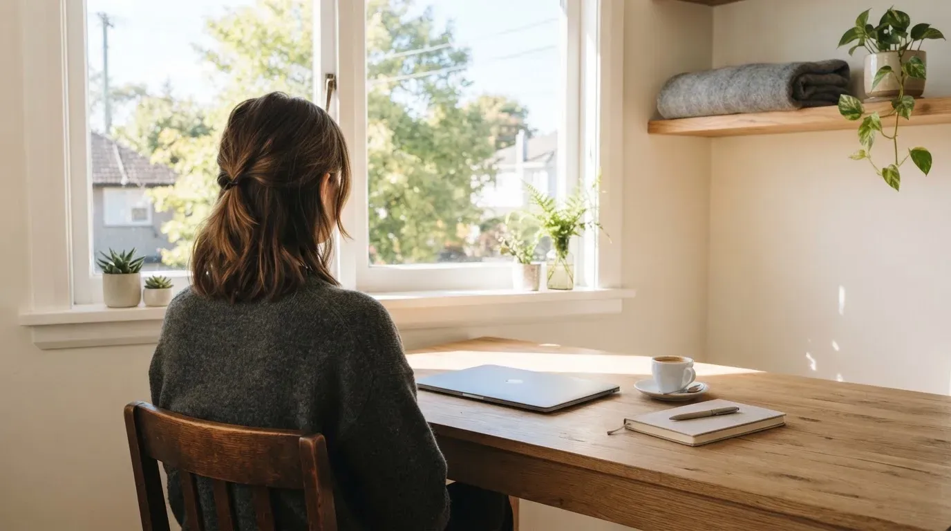En person sitter vid ett skrivbord hemma med en kopp kaffe och en bärbar dator stängd bredvid sig i morgonljus.