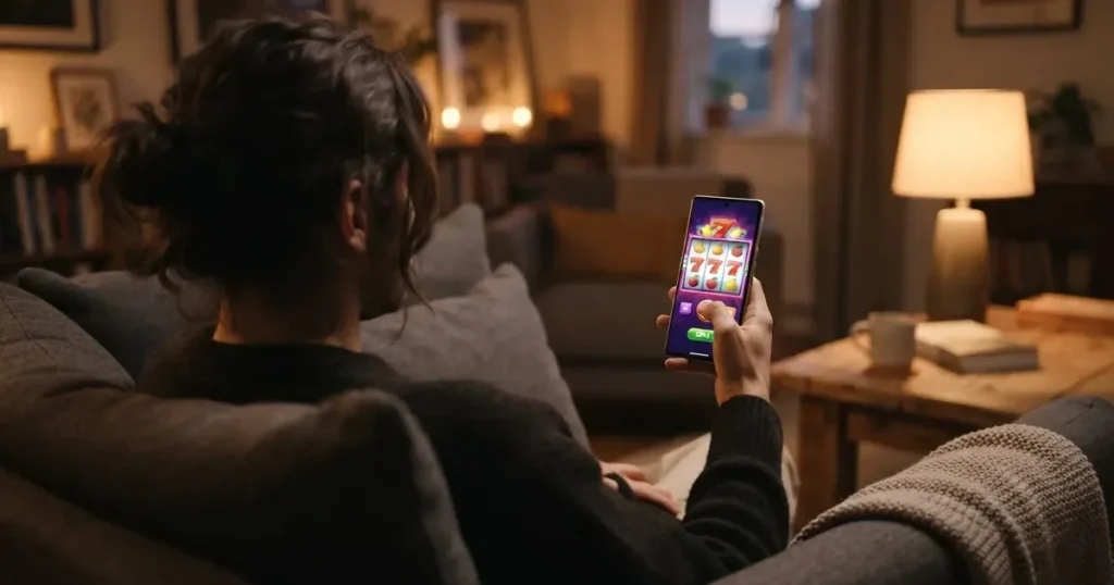 En hand håller en smartphone med skärmen vänd nedåt medan personen sitter avslappnat i en fåtölj i mjukt ljus.