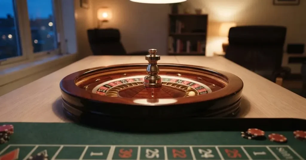 Ett roulettehjul snurrar på ett blankt träbord, den vita kulan glimmar i takljusets guld — svenska nätcasinon