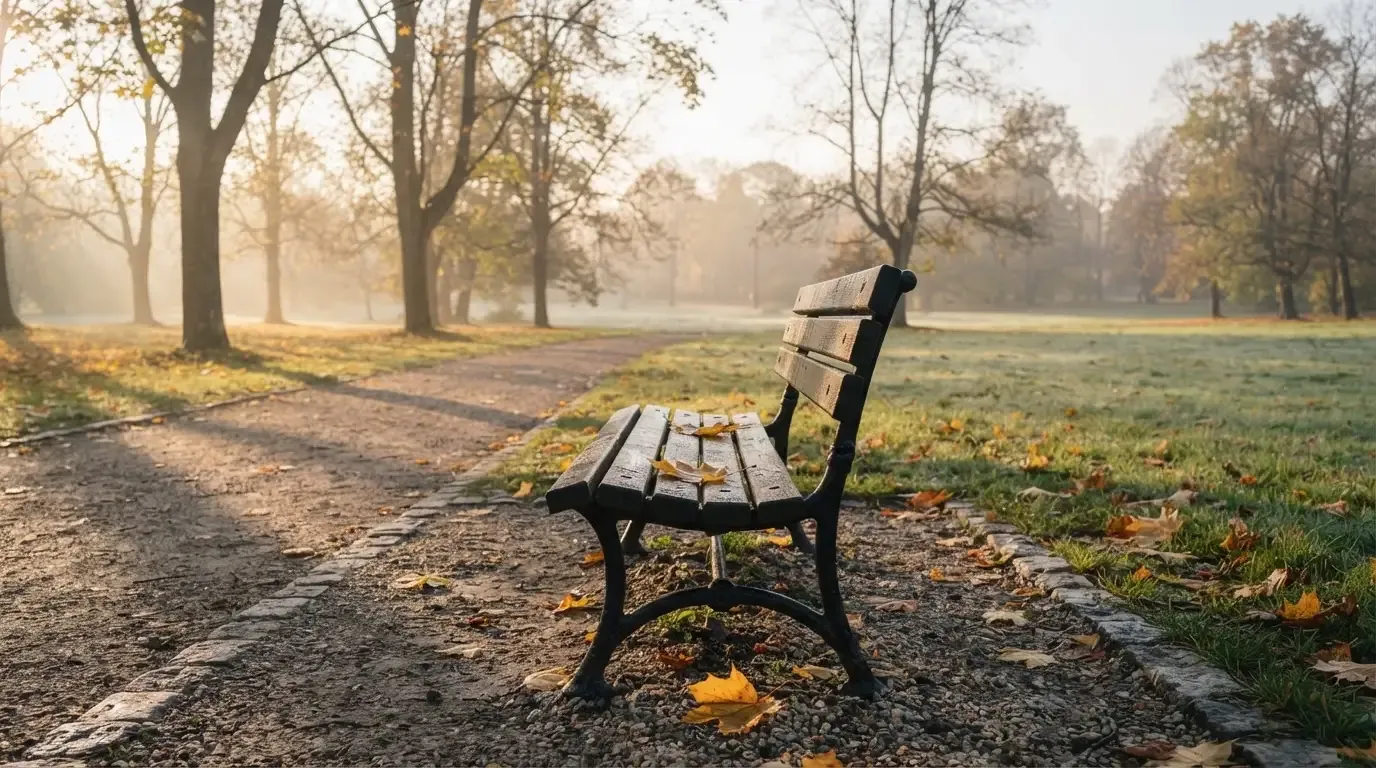 En tom parkbänk en höstmorgon, gula lönnlöv på stigen och låg sol mellan träden — svenska nätcasinon