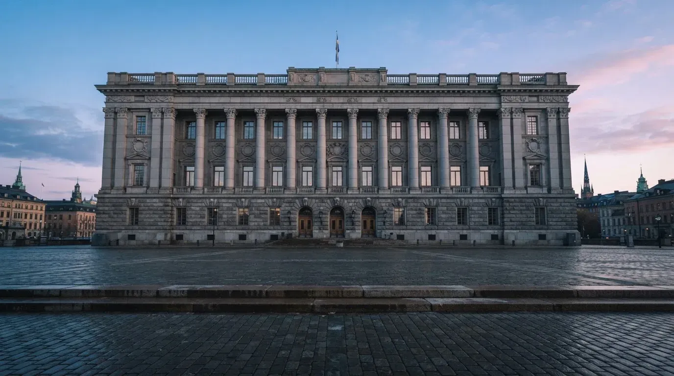 Stenfasad på en statlig byggnad i Stockholm vid gryning, höga pelare och ett tomt torg framför — svenska online casinon