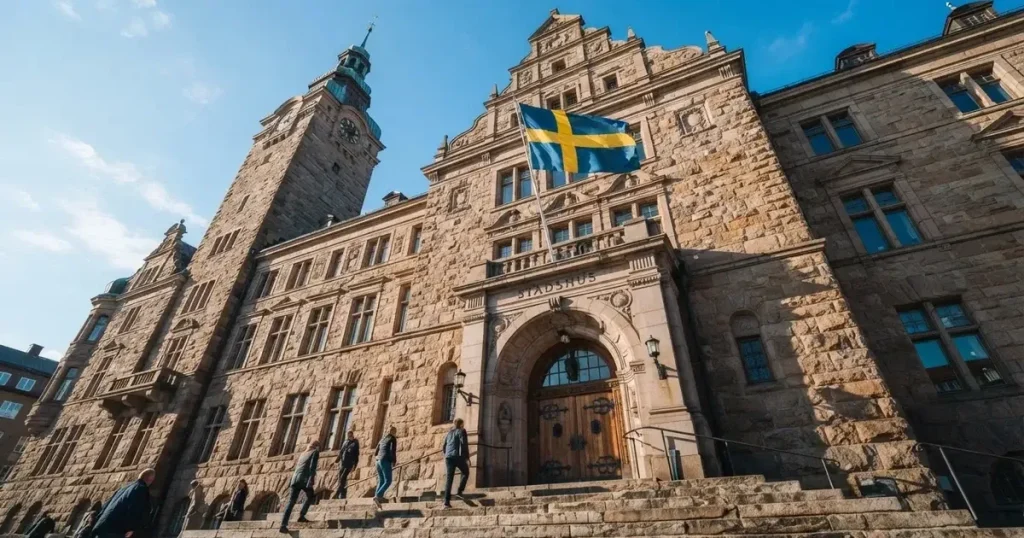 Ett gammalt stadshus i sten fotograferat underifrån mot en klarblå himmel, med den svenska flaggan som fladdrar ovanför entrén.