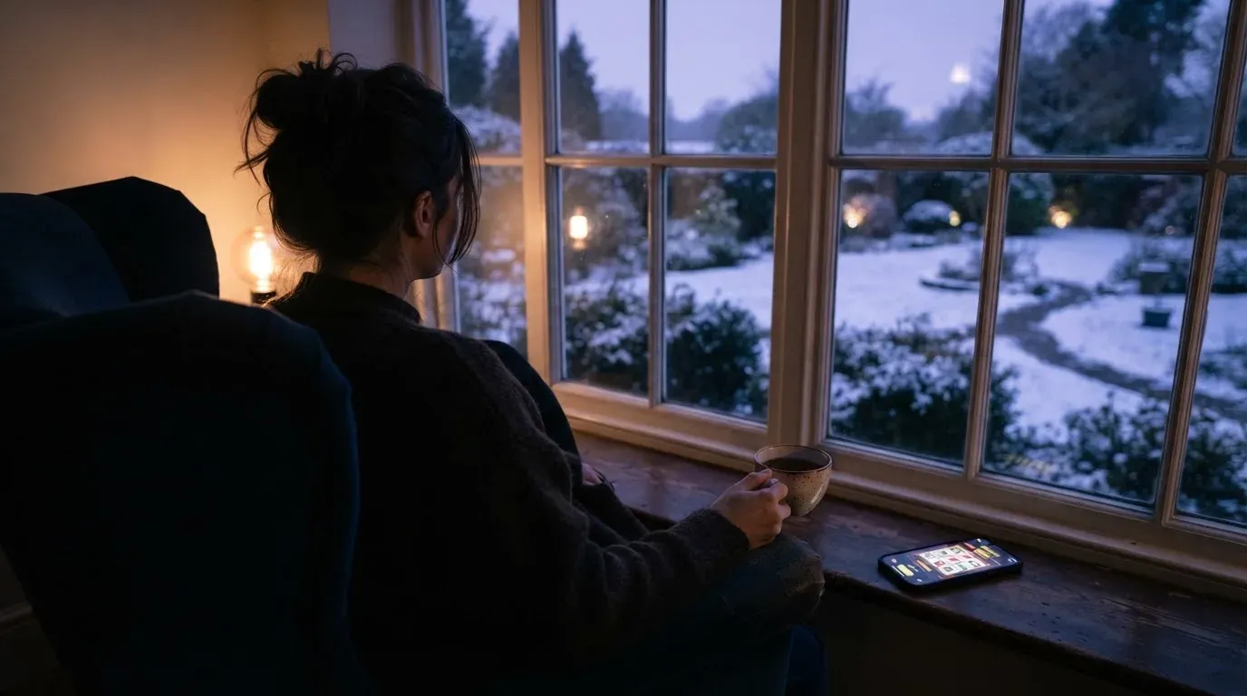 En person sitter ensam vid ett fönster i skymningen och håller en tekopp, med en rofylld vinterträdgård synlig utanför glaset.
