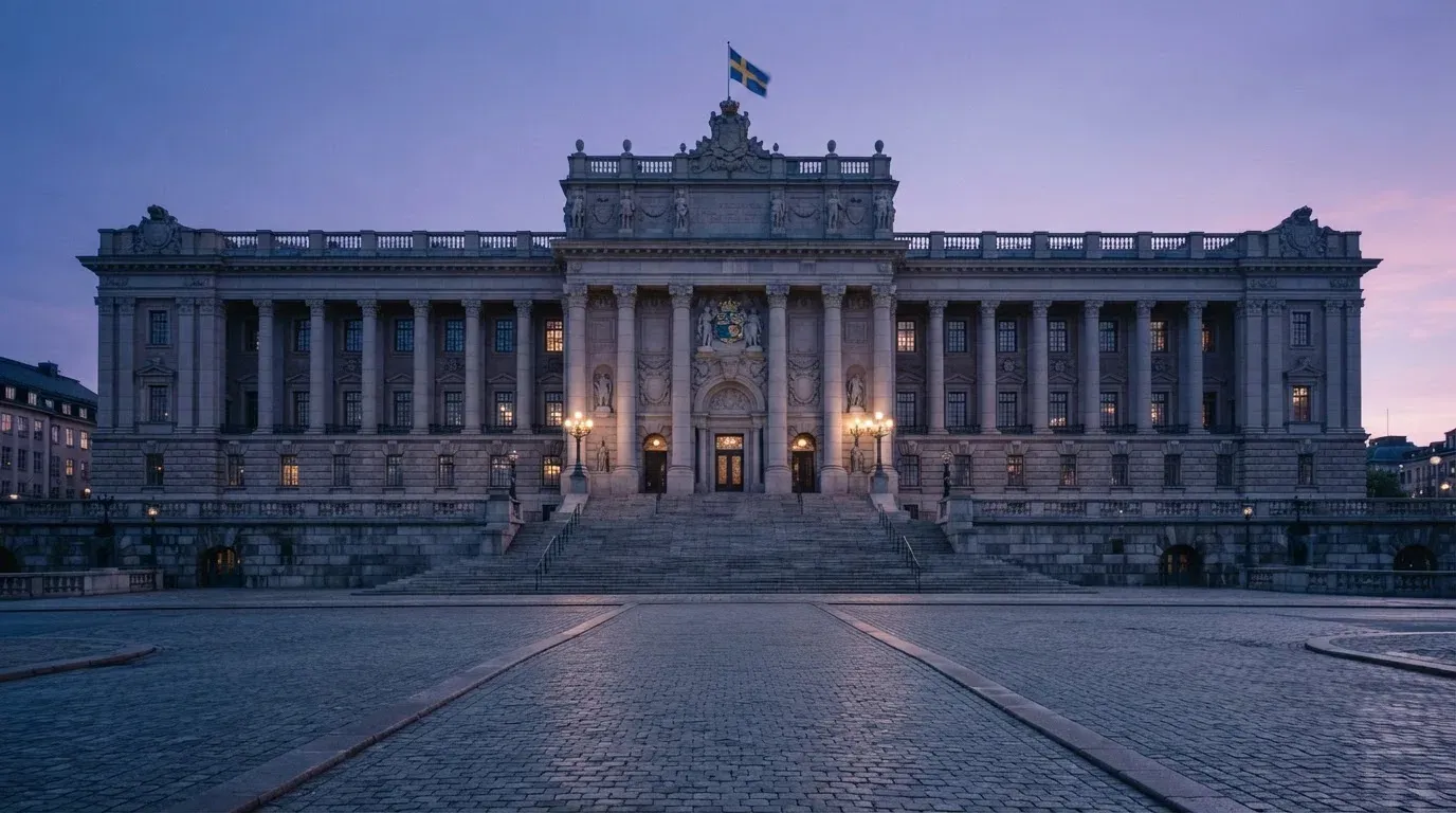 Stenfasad på en statlig byggnad i Stockholm vid gryning, höga pelare och ett tomt torg framför — topp casinon i sverige