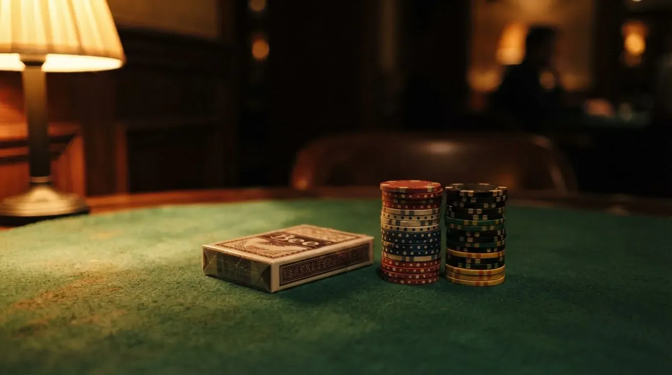 Kortlek och staplar av spelmarker på ett grönt filtbord i en dunkel salong, varmt lampsken — utländska casinon i sverige
