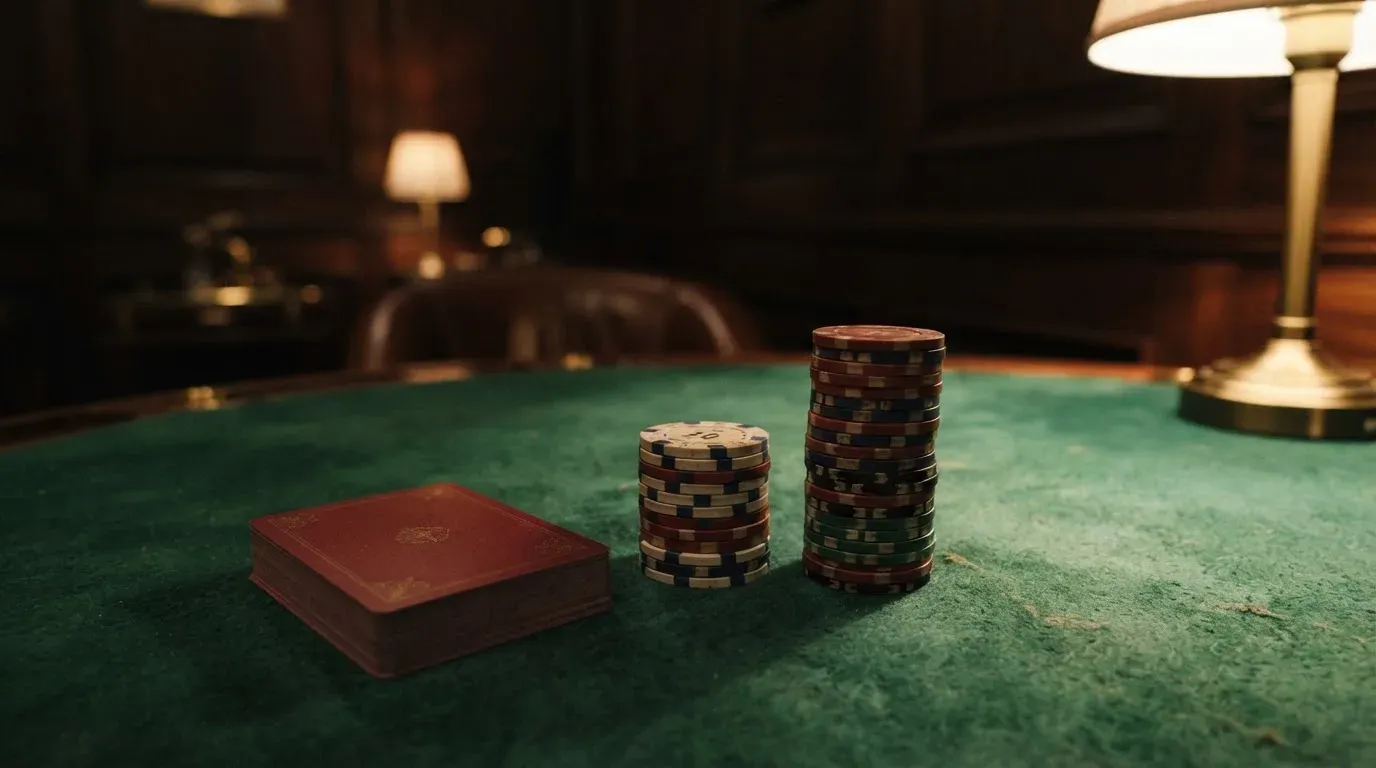 Kortlek och staplar av spelmarker på ett grönt filtbord i en dunkel salong, varmt lampsken — vinna på svenska casino